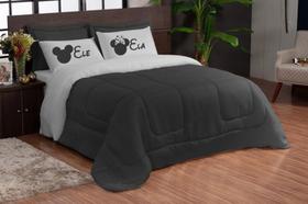 kit dupla face edredon 5 peças casal queen ela e ele preto e cinza