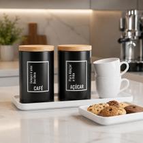 Kit Dupla Latas Organizadoras Mantimento Café Açúcar Lata Quadrada Metalizada Moderna Kit 2 Peças