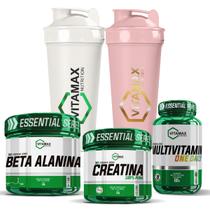 Kit Duplo 2x Coqueteleira + Creatina Pura 100g + Beta Alanina 200g + Multivitamínico Vitamax Kit Duplo 2x Coqueteleira + Creatina Pura 100g + Beta Alanina 200g + Multivitamínico Vitamax