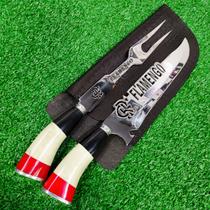 Kit Duplo Faca e Garfo Artesanal Churrasco Flamengo Premium Chef Gourmet