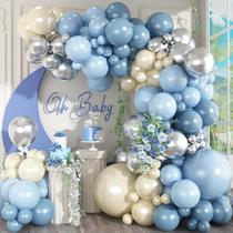 Kit Dusty Blue Balloon Arch 125 unidades: pérola azul clara, areia, balões brancos, prata metálica para noivas, chá de bebê, aniversário e decoração de festa de casamento