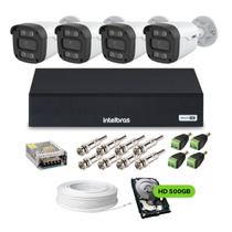 Kit Dvr 4 Canais Intelbras MHDX 3104C, 4 Câmeras de Segurança Externa Bullet VTV057 Colorida à noite, Full HD, 2.8mm, IR 20m, HD 500GB, Acess.