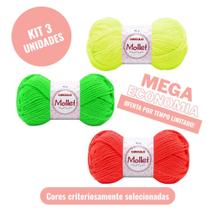 Kit ecônomico 3 lã mollet 40 g cores laranja, amarelo e verde neon oferta limitada