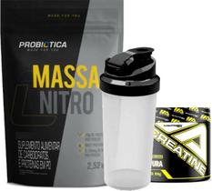 Kit Econômico Massa Nitro Probiótica 2,5kg Creatina 100g Adaptogen Coqueteleira Mais Massa e Força