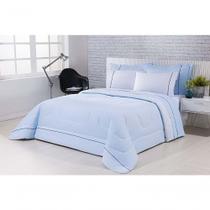 Kit Edredom 100% Algodão Percal 150 Fios Dupla Face Solteiro + Jogo De Cama 5 Peças - Azul-branco