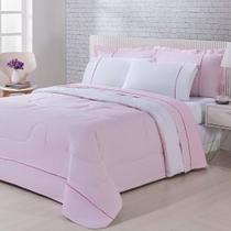 Kit Edredom 100% Algodão Percal 150 Fios Dupla Face Solteiro Jogo De Cama 5 Peças - Rosa-branco