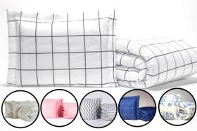 Kit edredom 2 peças para cama de solteiro dupla face luxo quadriculado branco