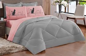 Kit Edredom Amor de Cat Casal Dupla Face Rosa Cinza