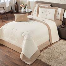 Kit Edredom Bordado Borboletas Flora Queen 5 Pecas - Palha/Bege