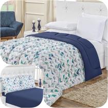 Kit Edredom Casal com Jogo de Lençol Malha 100% Algodão 4 Peças - Geométrico Azul