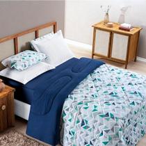 Kit Edredom Casal Com Jogo De Lençol Malha 100% Algodão Quality 4 Peças - Geométrico Azul
