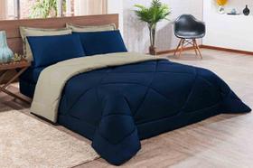 Kit Edredom Casal KinG Dupla Face Azul Marinho Cinza com 5 peças