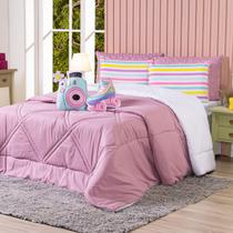 Kit Edredom CASAL PADRÃO Menina Teen Rosa com Almofadas Estampadas 07 Peças - Dupla Face Percal 300 Fios