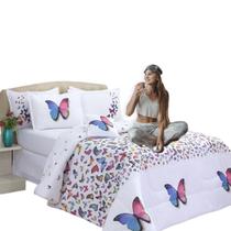 Kit Edredom Casal Queen Borboletas Dupla Face 4 Peças Micropercal