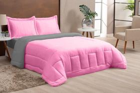 Kit edredom casal queen dupla face 3 peças rosa cinza