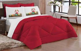Kit Edredom Casal Queen Dupla Face Vermelho Branco de PASCOA COM 5 Peças