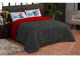 Kit Edredom Casal Queen Ele Ela 5 pcs Stich Preto Vermelho