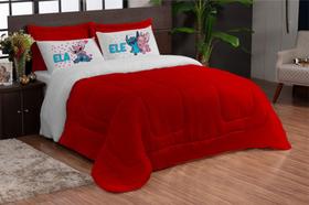 Kit Edredom Casal Queen Ele Ela 5 pcs Stich Vermelho Branc