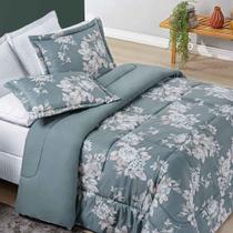 Kit Edredom Celi Queen Dupla Face Micropercal 200 Fios 3 Peças - Verde Floral