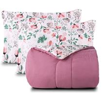 Kit Edredom Cobertor Celi Queen Dupla Face Micropercal Estampado 200 Fios 3 Peças Bothanica Floral Rosa