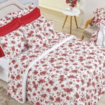 Kit Edredom Craft Casal Queen Dupla Face 5 Peças Percal 200 Fios 100% Algodão - Estampa Rosas Vermelha Kit Edredom Craft Casal Queen Dupla Face 5 Peças Percal 200 Fios 100% Algodão - Estampa Rosas Vermelha