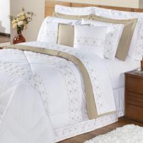 Kit Edredom Damasco Queen 11 Peças 100% Poliéster 200 Fios - Branco-bege