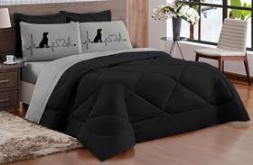 Kit Edredom dog Casal Queen Dupla Face Preto Cinza