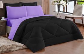 Kit Edredom dupla face Casal Padrão 05 Peças Lilás com Preto Kit Edredom dupla face Casal Padrão 05 Peças Lilás com Preto