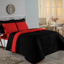 Kit Edredom Dupla Face + Jogo De Lençol Casal Nobre 6 Peças Malha 100% Algodão - Preto / Vermelho
