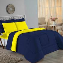Kit Edredom Dupla Face + Jogo de Lençol Casal Nobre 7 peças Malha 100% Algodão - Azul-Marinho / Amarelo