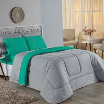 Kit Edredom Dupla Face + Jogo de Lençol Casal Nobre 7 peças Malha 100% Algodão - Cinza / Jade