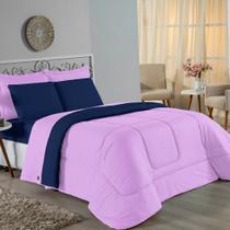 Kit Edredom Dupla Face + Jogo de Lençol Casal Nobre 7 peças Malha 100% Algodão - Lilás / Azul-Marinho