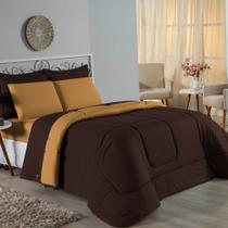 Kit Edredom Dupla Face + Jogo de Lençol Casal Nobre 7 peças Malha 100% Algodão - Marrom / Cobre