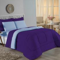 Kit Edredom Dupla Face + Jogo De Lençol Casal Nobre 7 Peças Malha 100% Algodão - Roxo / Azul-bebê Kit Edredom Dupla Face + Jogo De Lençol Casal Nobre 7 Peças Malha 100% Algodão - Roxo / Azul-bebê
