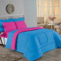 Kit Edredom Dupla Face + Jogo de Lençol Casal Nobre 7 peças Malha 100% Algodão - Turquesa / Pink