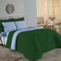 Kit Edredom Dupla Face + Jogo de Lençol Casal Nobre 7 peças Malha 100% Algodão - Verde-Bandeira / Azul-Bebê