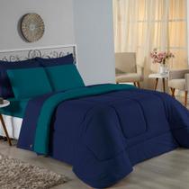 Kit Edredom Dupla Face + Jogo de Lençol Casal Viúva Nobre 6 peças Malha 100% Algodão - Azul-Marinho / Petróleo