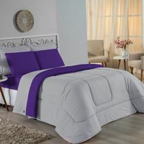 Kit Edredom Dupla Face + Jogo de Lençol Casal Viúva Nobre 6 peças Malha 100% Algodão - Cinza / Roxo
