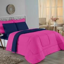 Kit Edredom Dupla Face + Jogo de Lençol Casal Viúva Nobre 6 peças Malha 100% Algodão - Pink / Azul-Marinho