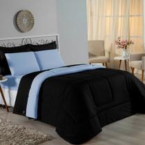 Kit Edredom Dupla Face + Jogo de Lençol Casal Viúva Nobre 6 peças Malha 100% Algodão - Preto / Azul-Bebê