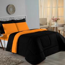 Kit Edredom Dupla Face + Jogo de Lençol Casal Viúva Nobre 6 peças Malha 100% Algodão - Preto / Laranja