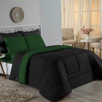 Kit Edredom Dupla Face + Jogo De Lençol Casal Viúva Nobre 6 Peças Malha 100% Algodão - Preto / Verde-bandeira