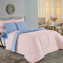 Kit Edredom Dupla Face + Jogo de Lençol Casal Viúva Nobre 6 peças Malha 100% Algodão - Rosa / Azul-Bebê