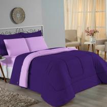 Kit Edredom Dupla Face + Jogo de Lençol Casal Viúva Nobre 6 peças Malha 100% Algodão - Roxo / Lilás