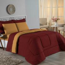Kit Edredom Dupla Face + Jogo De Lençol Casal Viúva Nobre 6 Peças Malha 100% Algodão - Vinho / Cobre