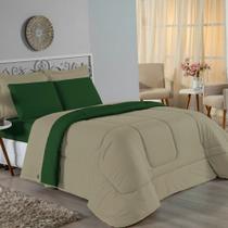 Kit Edredom Dupla Face + Jogo de Lençol Casal Viúva Nobre 7 peças Malha 100% Algodão - Avelã / Verde-Bandeira