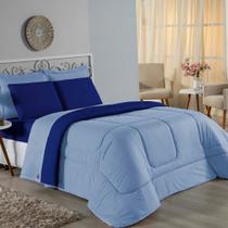 Kit Edredom Dupla Face + Jogo de Lençol Casal Viúva Nobre 7 peças Malha 100% Algodão - Azul-Bebê / Royal
