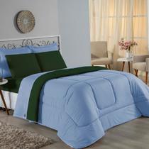 Kit Edredom Dupla Face + Jogo de Lençol Casal Viúva Nobre 7 peças Malha 100% Algodão - Azul-Bebê / Verde-Bandeira