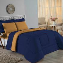 Kit Edredom Dupla Face + Jogo de Lençol Casal Viúva Nobre 7 peças Malha 100% Algodão - Azul-Marinho / Cobre
