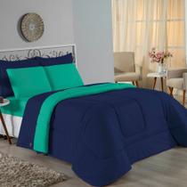 Kit Edredom Dupla Face + Jogo de Lençol Casal Viúva Nobre 7 peças Malha 100% Algodão - Azul-Marinho / Jade